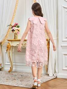 SHEIN 少女宽松优雅波浪领无袖纹理中长连衣裙 - 淺粉色 - 查看 2