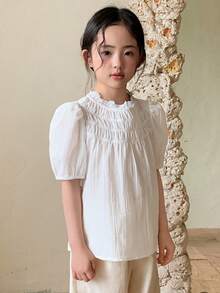 DAZY Young Girls Lace Patchwork Loose Puff Sleeve Blouse, Korean Style - White - View 5