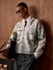 AKNOTIC Business Casual 男士V领长袖花卉提花休闲开衫毛衣 - 淺灰色 - 查看 1