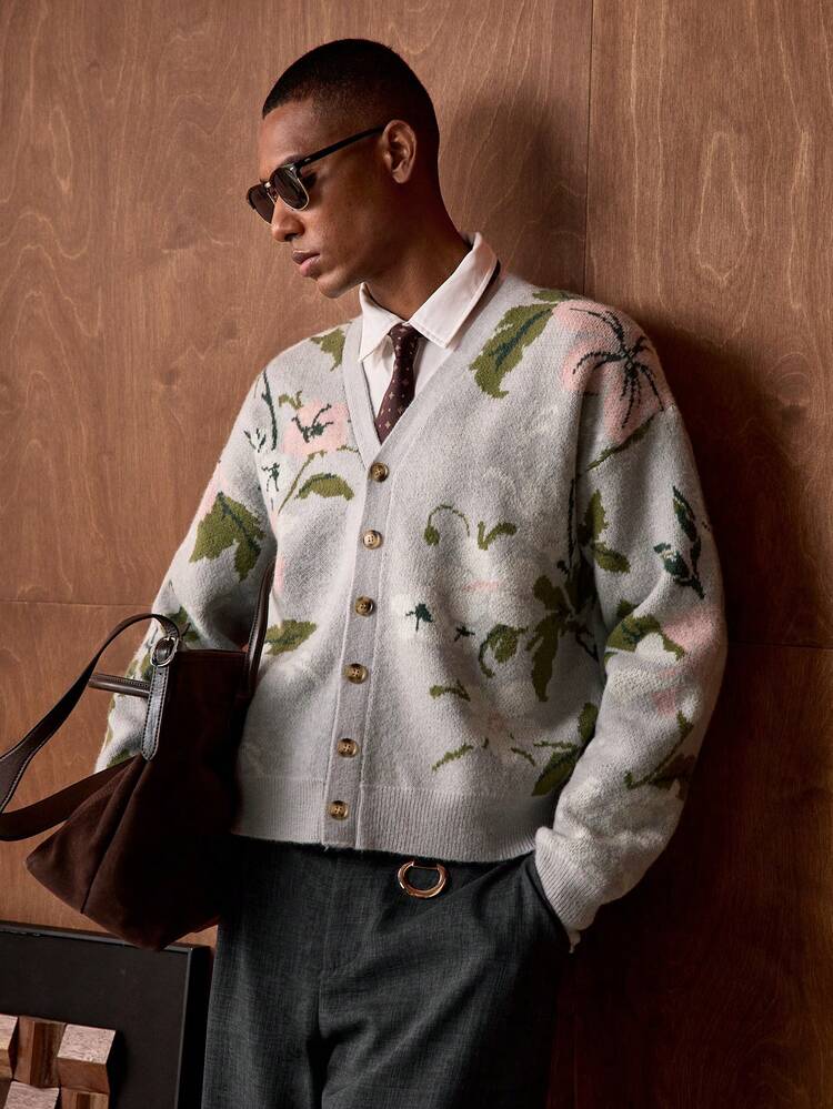 Men's V-Neck Long Sleeve Floral Jacquard Casual Cardigan Sweater