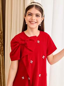SHEIN Đầm thun ngắn tay màu trơn, đính đá 3D, nơ, kiểu dáng thanh lịch, cao cấp dành cho bé gái tuổi teen, thích hợp mặc đi làm. - Đỏ - Xem 4