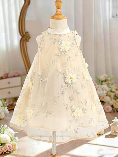 Baby Girls' Elegant Loose Mandarin Collar Sleeveless Small Ditsy Floral Organza Ruffle Hem A-Line Dress With Bow Back Decor, Suitable For Wedding, Party, Daily Wear, Blue