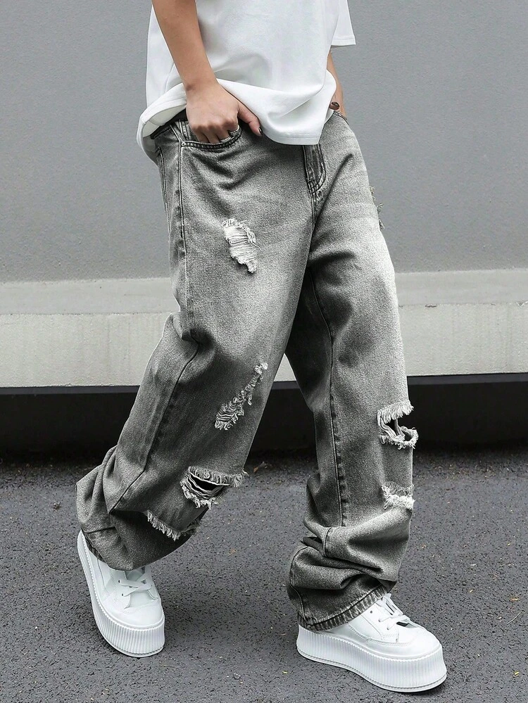 Pantalones de algodón de corte holgado para hombre con efecto desgastado y envejecido. - Gris - Añade 1
