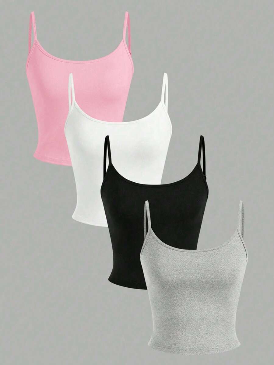 SHEIN PETITE 4pcs/Set Casual Spaghetti Strap Fitted Women's Tank Tops - Multicolor - View 1