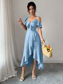 Elenzga Women's Elegant Ruffle Denim Effect Dress - Sky Blue - View 3