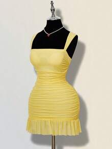 ICON Vestido mini ajustado de mujer de unicolor elegante con malla y drapeado - Amarillo claro - Ver 5