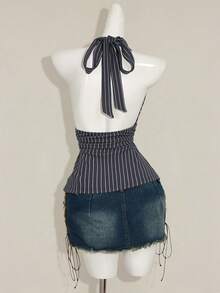 SHEIN ICON Halter Deep V-Neck Cinched Waist A-Line Backless Striped Tank Top - Grey - View 2