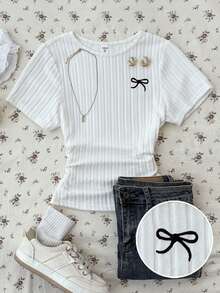 SHEIN 少女休闲街头风蝴蝶结刺绣图案紧身短袖T恤 - 白色 - 查看 1