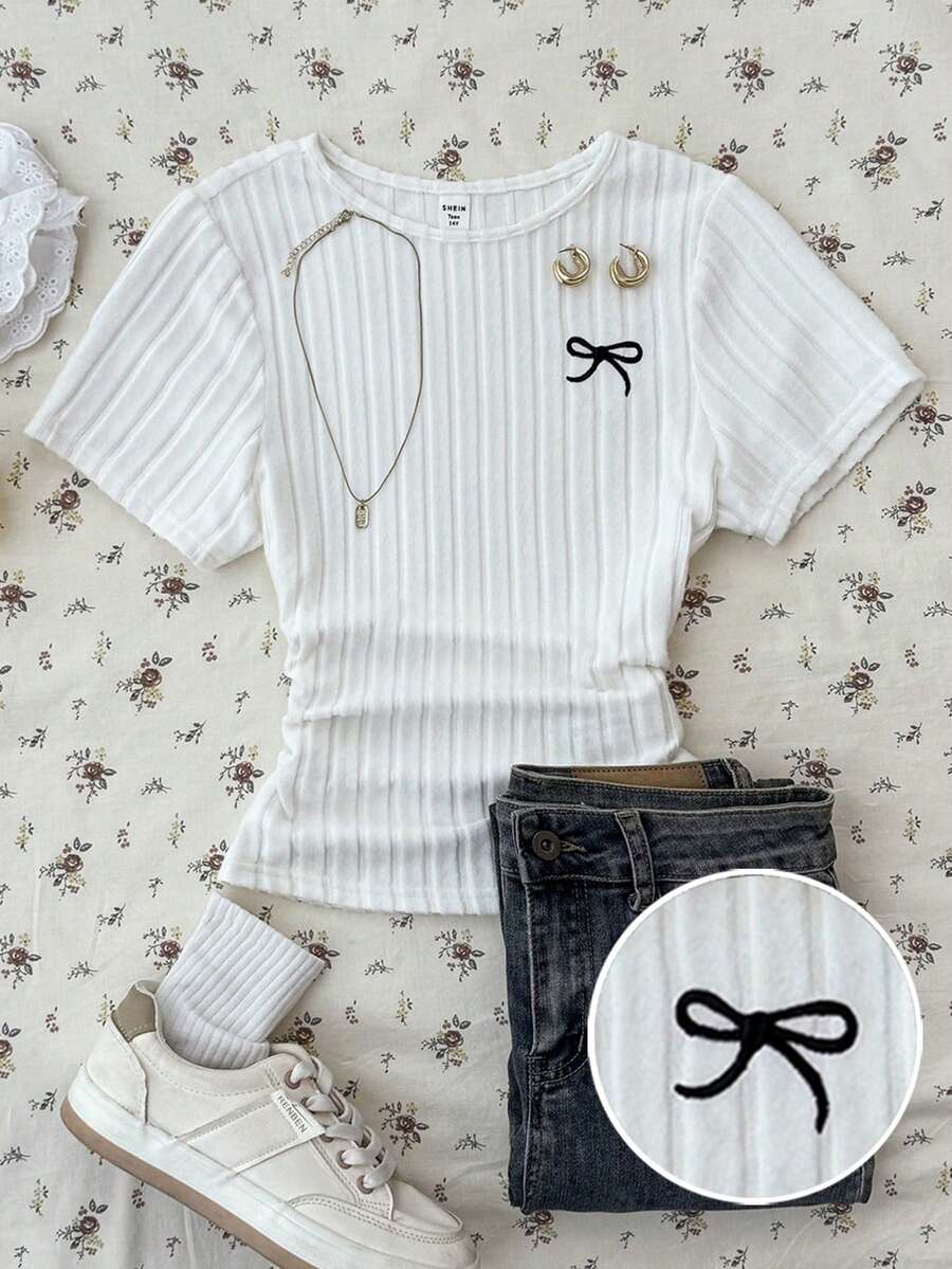 SHEIN 少女休闲街头风蝴蝶结刺绣图案紧身短袖T恤 - 白色 - 查看 1