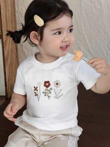 DAZY 女婴花卉刺绣圆领休闲短袖上衣夏季幼儿女童服装 - 白色 - 查看 6