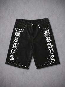 Manfinity Denimwave Quần short denim nam phong cách đường phố Mỹ, đính đá và in họa tiết Gothic. - màu đen - Xem 1