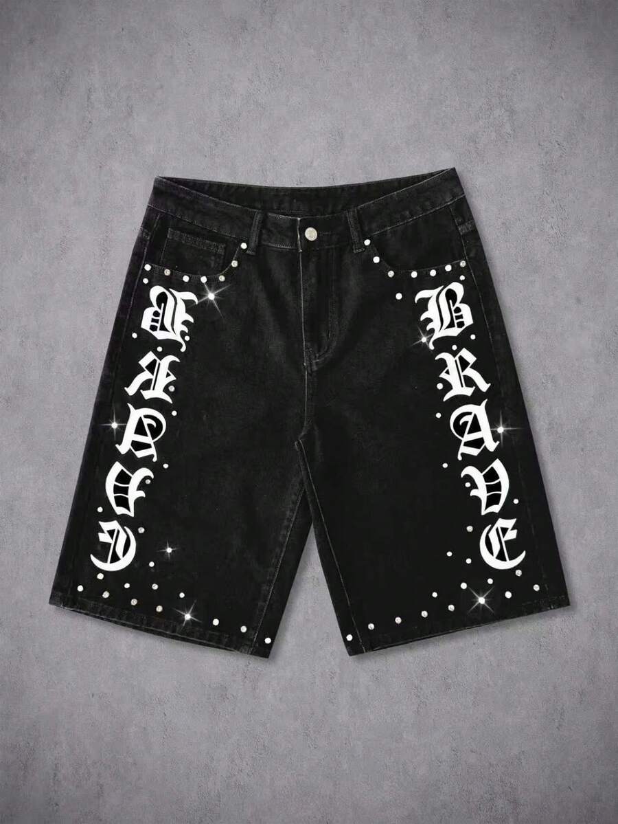 Manfinity Denimwave Quần short denim nam phong cách đường phố Mỹ, đính đá và in họa tiết Gothic. - màu đen - Xem 1