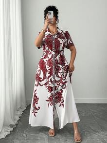 Elenzga Damen Große Größen elegantes Retro-Muster Taillengürtel Puffärmel Hemdkleid, Frühlings-/Sommer-Resort-Kleid - Bordeaux - Übersicht 5