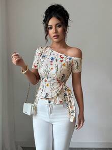 SHEIN Tall Women's Asymmetric Hem Floral Print Tight Fit One Shoulder T-Shirt, Spring/Summer - Multicolor - View 4