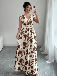 Selianne Đầm nữ kiểu dáng thường ngày in hoa, thắt eo, thích hợp cho mùa hè. - màu nâu - Xem 3