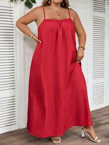 SHEIN CURVE+ Đầm hai dây cỡ lớn, màu trơn, xếp ly, thích hợp cho tiệc sinh nhật, lễ tốt nghiệp, trang phục học sinh, mặc hàng ngày, đi nghỉ mát. - Đỏ - Xem 5