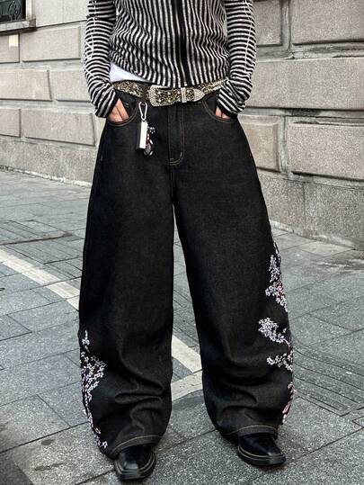 STEELVANCE Jeans rectos y holgados con diseño bordado de árbol floral que estilizan la figura