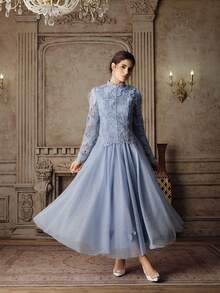 Anewsta 女士优雅高端蕾丝长袖贴花腰部喇叭形长连衣裙，适合情人节晚宴和约会 - 藍色 - 查看 7