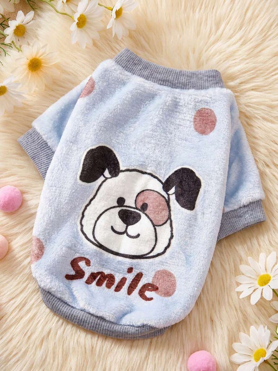 PETSIN 1件花朵图案小狗波点字母印花法兰绒卫衣，适合秋冬季节穿着，厚实保暖，宠物服装 - 彩色 - 查看 1