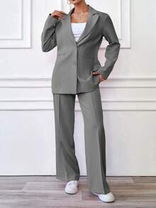 EURMUSE Fashionable Versatile Solid Color Suit Set, Commuter Outfit - Light Grey - View 4