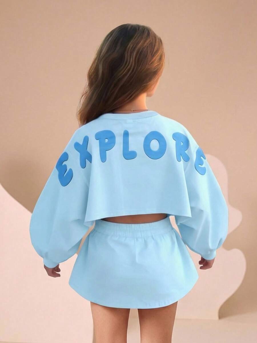 Young Girl Girls Casual Comfortable Letter Graphic Loose Fit Crew Neck Knit T-Shirt, Suitable For School, Garden, Beach, Birthday, Spring, Summer, Fall, Winter - Mint Green - View 1