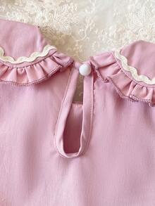 2pcs Baby Girls Elegant Gray-Pink Peter Pan Collar Apricot Ruffle Trim Sleeveless Top And Pants Casual Comfortable T-Shirt Set - Pink - View 7