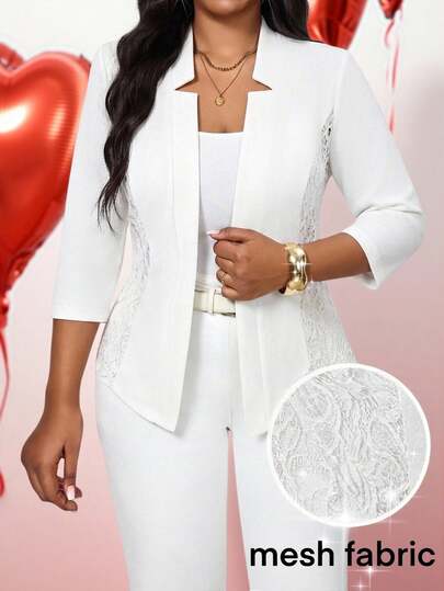 SHEIN Lady Plus Size Elegant Commuter Solid Color Lace Patchwork Blazer