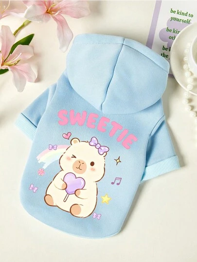 PETSIN 1pc Beige Teddy Bear Bow Love Lollipop Print Pet Hooded Sweatshirt Sky Blue Autumn And Winter Thick Warm Pet Clothing