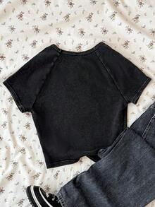 SHEIN Teen Girls' Distressed Washed Grey Star Print Short Sleeve Crop Top With Frayed Hem, Street Style Tween Girl Clothes Cute Tops Black Tops Teen Girl Clothes School Tops - Dark Grey - View 2