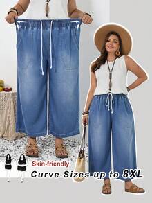 SHEIN CURVE+ 大码女式休闲日常通勤度假风抽绳腰宽松阔腿牛仔裤，春夏情人节狂欢节服装通勤度假毕业时尚Y2K可爱街头风派对婚礼优雅商务休闲女式大码牛仔阔腿裤，弹性腰抽绳带口袋，舒适宽松版型 - 藍色 - 查看 2