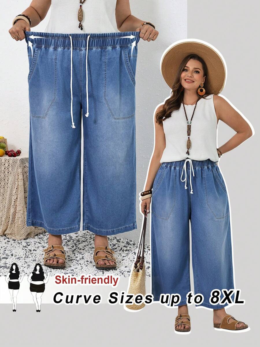 SHEIN CURVE+ 大码女式休闲日常通勤度假风抽绳腰宽松阔腿牛仔裤，春夏情人节狂欢节服装通勤度假毕业时尚Y2K可爱街头风派对婚礼优雅商务休闲女式大码牛仔阔腿裤，弹性腰抽绳带口袋，舒适宽松版型