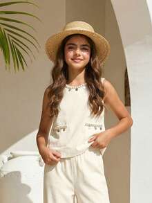 Sparklyn 少女休闲蕾丝边无袖上衣带口袋和直筒裤度假套装 - 白色 - 查看 16