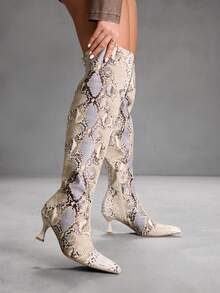 CUCCOO SZL 女士经典蛇纹过膝长靴，时尚超高跟尖头优雅简约弹力过膝长靴 - 彩色 - 查看 8