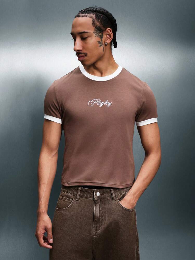 PLAYBOY X SUMWON Script Print Crew Neck Ringer Tee
