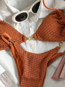 Swim Mod Damen Jacquard Stoff Spaghetti-Träger Bikini Set mit Metall Dekor, Frühling/Sommer - Braun - Übersicht 3