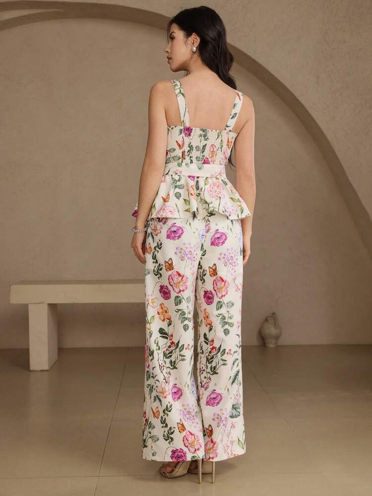 Women's Elegant Floral Print Square Neck Sleeveless Belted Vest And Wide Leg Pants 2-Piece Set, Summer Spring,Wedding Guest Women Boho