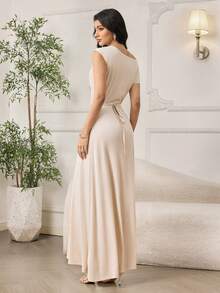 Modelyn Women's Elegant Solid Color Asymmetric Collar Dress, Summer Elegant Dress Women Women's Elegant Dress Photoshoot Dress Women Champagne Women Dress Luxury Dress For Women - Beige - View 5