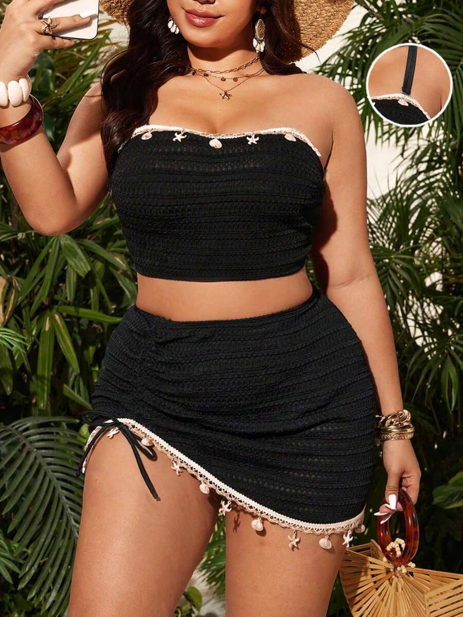 Swim Lushoire 大码女式泳衣，特殊面料贝壳装饰抹胸高腰开衩泳装，复古沙滩度假大码比基尼 - 黑色 - 查看 1