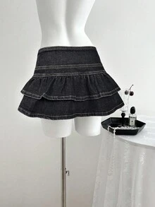 SHEIN ICON 大码纯色简约休闲Y2K时尚半身裙 - 黑色 - 查看 2