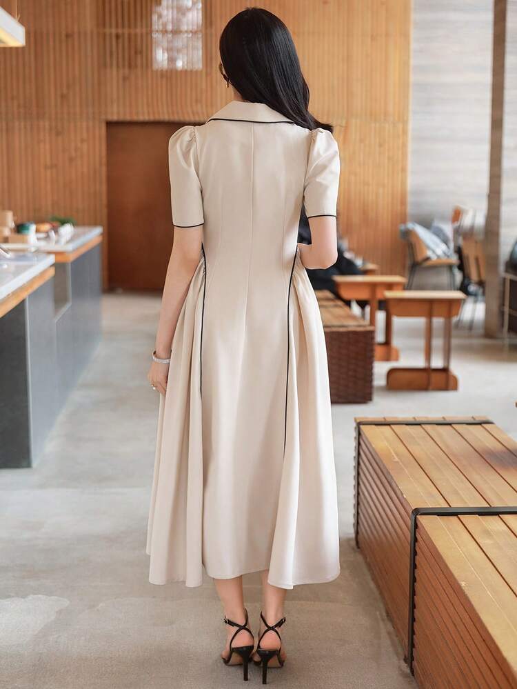 Women's Elegant Contrast Color Patchwork Blazer Collar Puff Sleeve Dress, Summer Wedding Guest Dress Sundress
