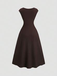 Sweetra Fashionable Solid Color Cinched Waist Fitted Knit Maxi Dress, European And American Style - Coffee - View 2