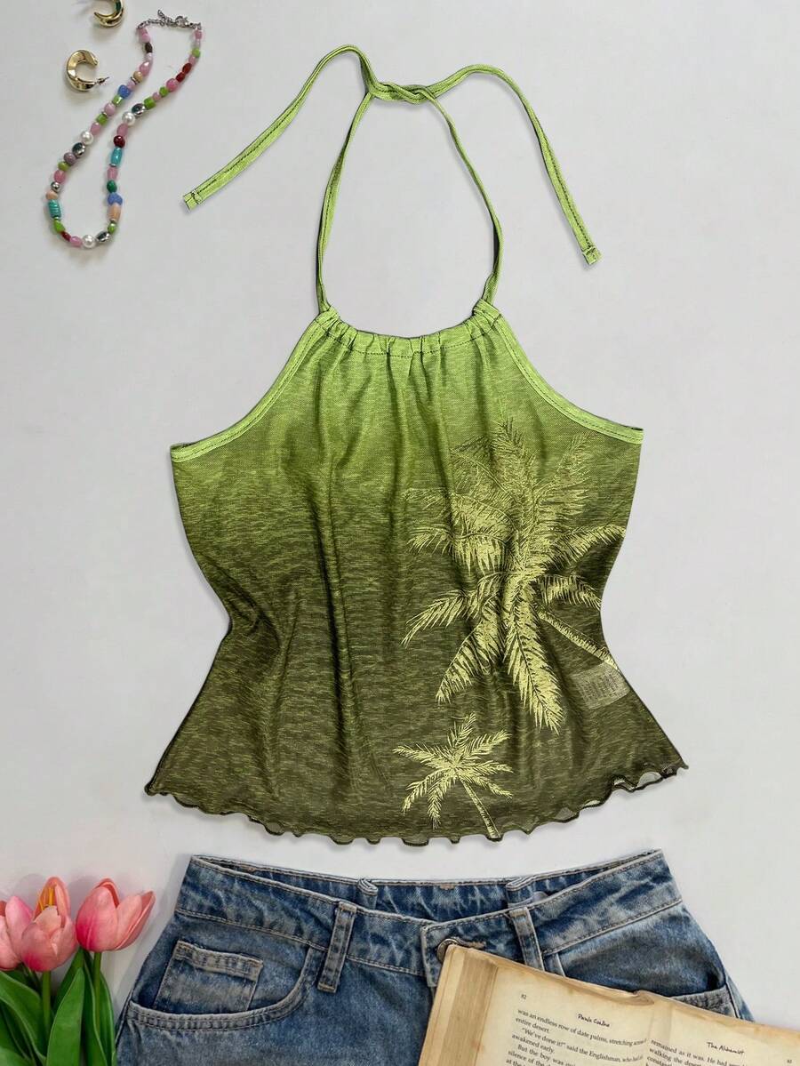 INAWLY Plant Print Backless Spaghetti Strap Camisole - Green - View 1