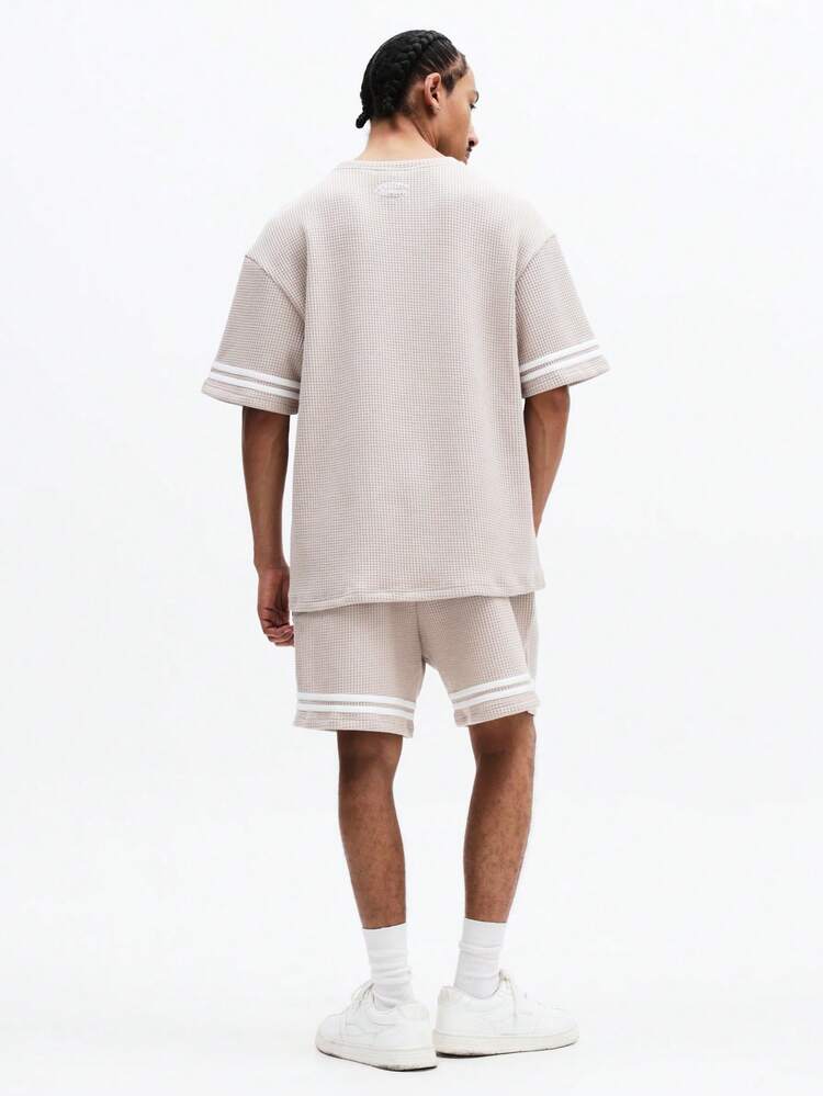 Waffle Knit T-Shirt And Shorts Set With Contrast Stripes