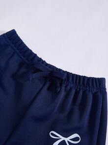 Sparklyn 女童阔腿裤，蝴蝶结腰带，蝴蝶印花，时尚休闲运动裤，灰色，返校季 - 藏蓝色 - 查看 3