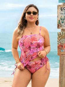 Swim Vcay Plus Size Women Tropical Plant Print Tankini Swimsuit Set - Multicolor - View 5