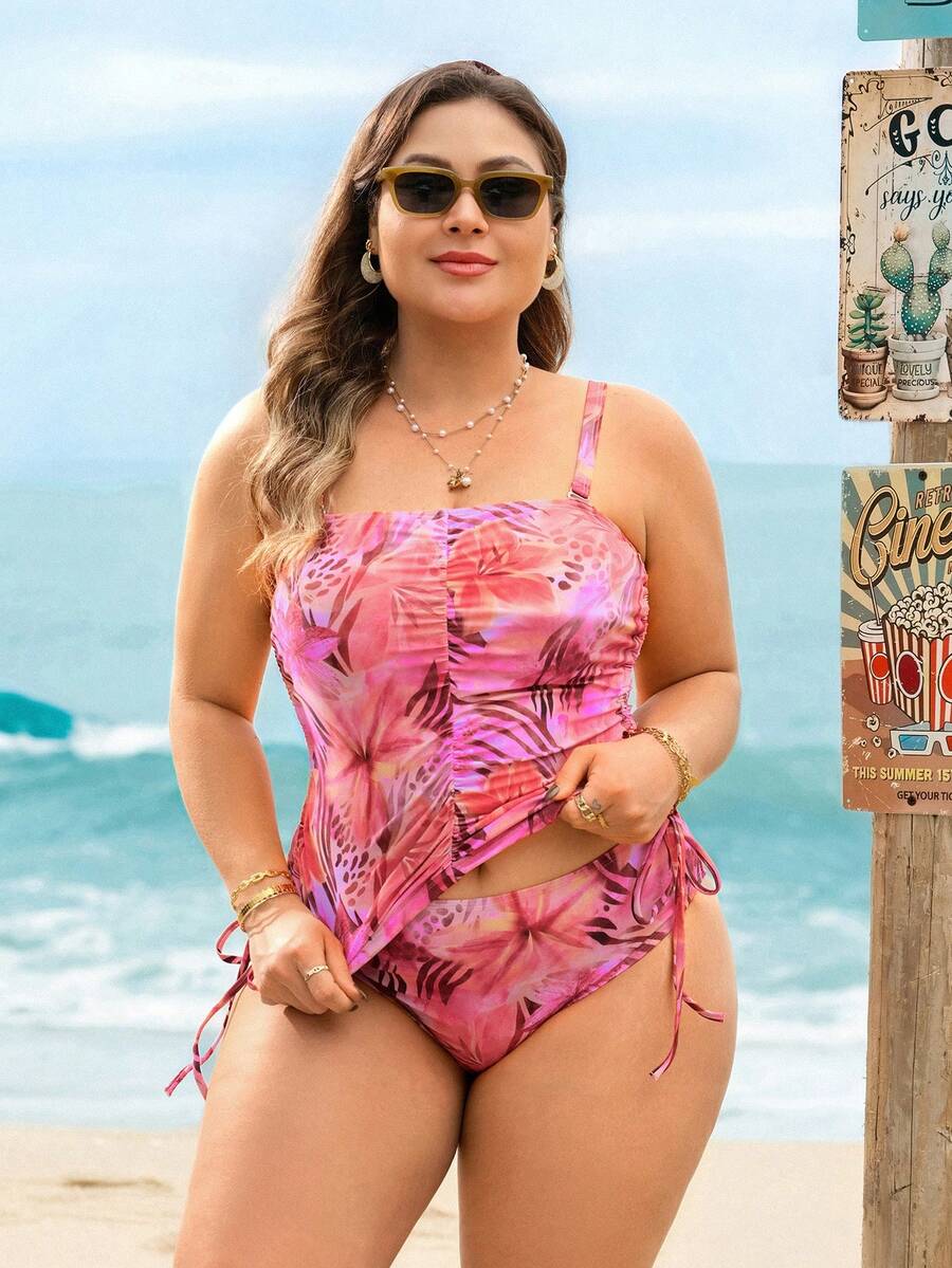 Swim Vcay Plus Size Women Tropical Plant Print Tankini Swimsuit Set - Multicolor - View 1