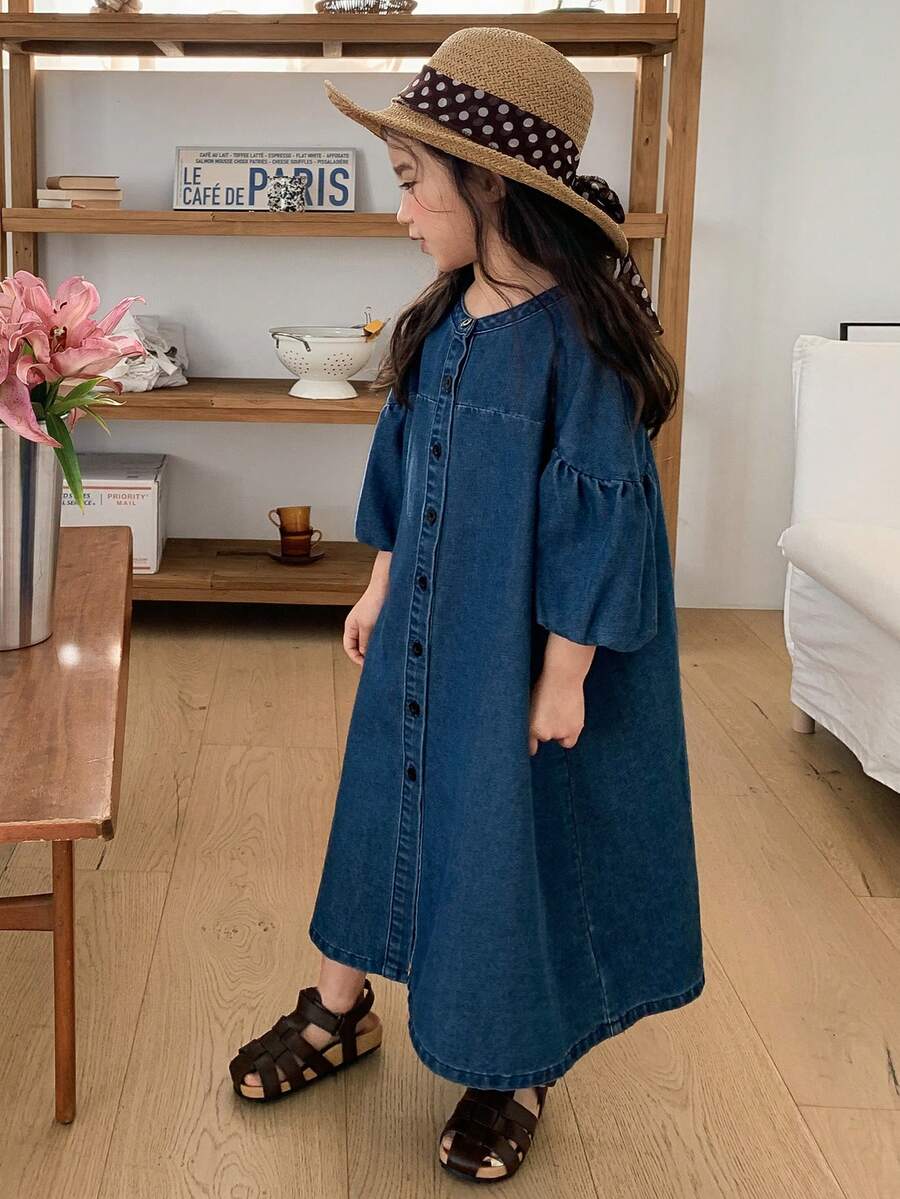 DAZY 女童圆领水洗休闲长袖牛仔连衣裙 - 藍色 - 查看 1