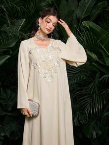 Al Najma Elegant Embroidered Collar Long Sleeve Apricot Women Cardigan - Apricot - View 3