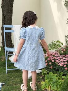 LMoss Kids Young Girl Woven Contrast Color Square Collar Puff Sleeve Casual Dress,Kids - Baby Blue - View 2