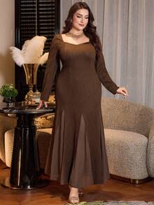 Modelyn Abito a-line elegante da donna taglie forti, in marrone, con motivo jacquard a onde in maglia e inserti in chiffon, adatto per primavera/estate - Castano - Visualizzare 3